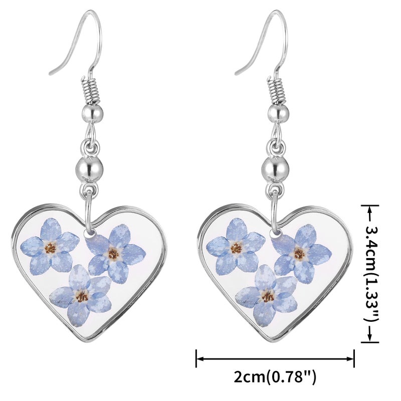 FM FM42 Dried Pressed Blue Forget-me-not Flowers Love Heart Dangle Earrings & Pendant Necklace Jewelry Set - Image 4